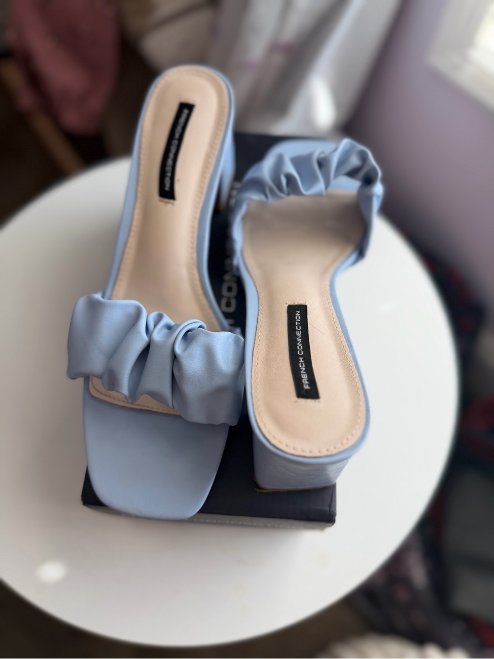 French Connection Challenge-S1 Ruched Block Heel Mules in Blue US 11 NWT